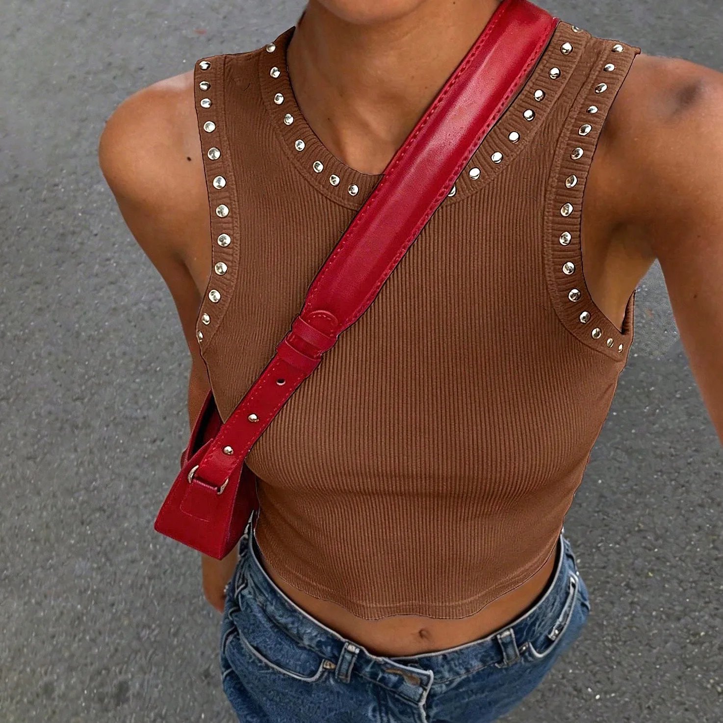 Y2K Rivet Trim Ribbed Crop Tan - огляд і ціна Tank Top Ribbed