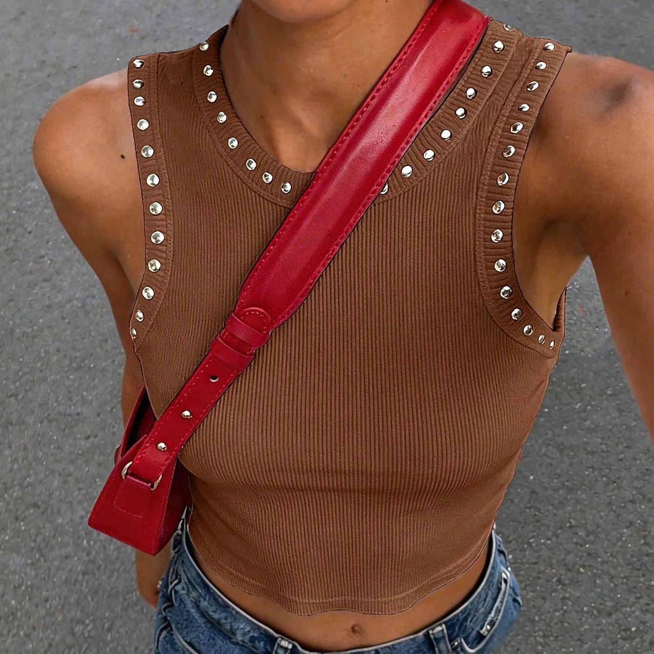 Y2K Rivet Trim Ribbed Crop Tan - огляд і ціна Tank Top Ribbed