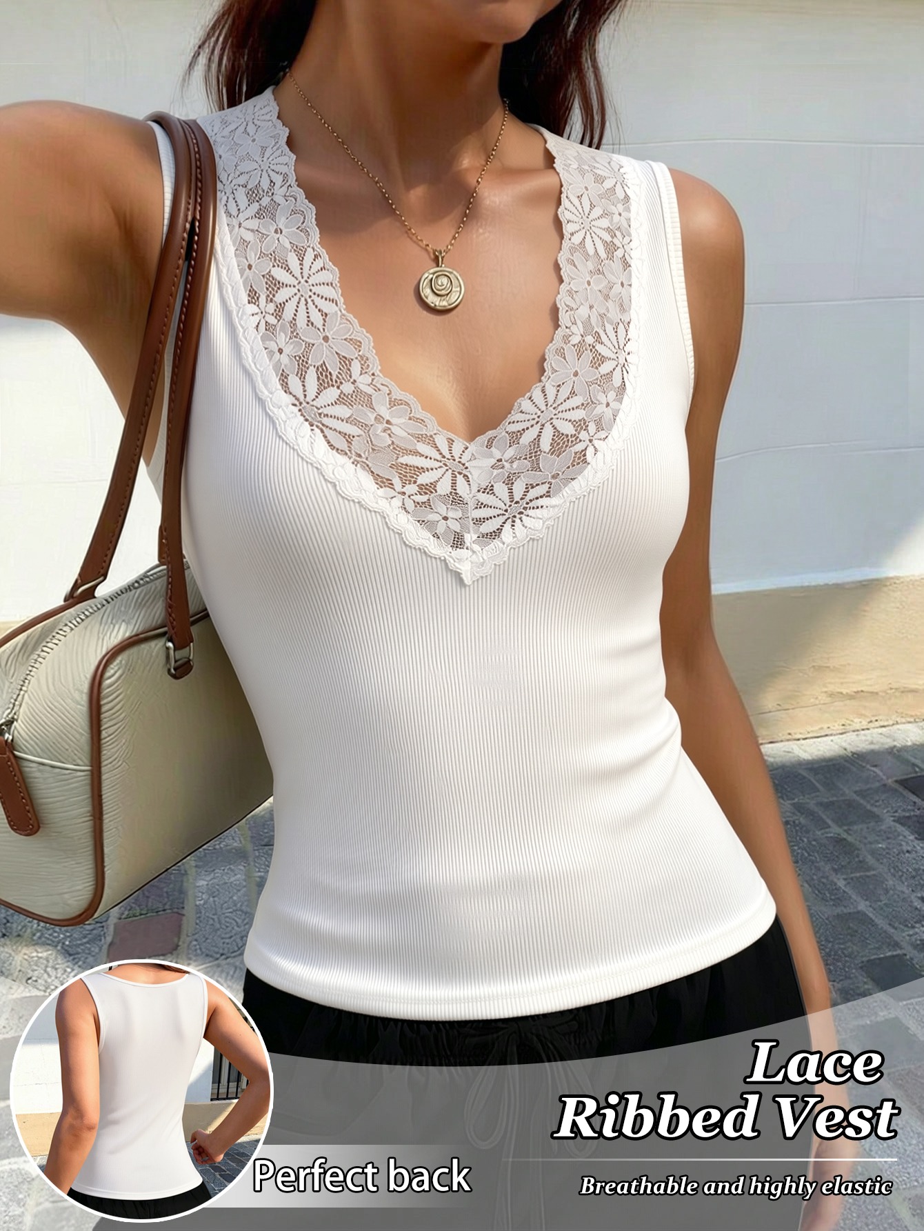 Women Lace V Neck Ribbed Tank  - огляд і ціна Tank Top Ribbed