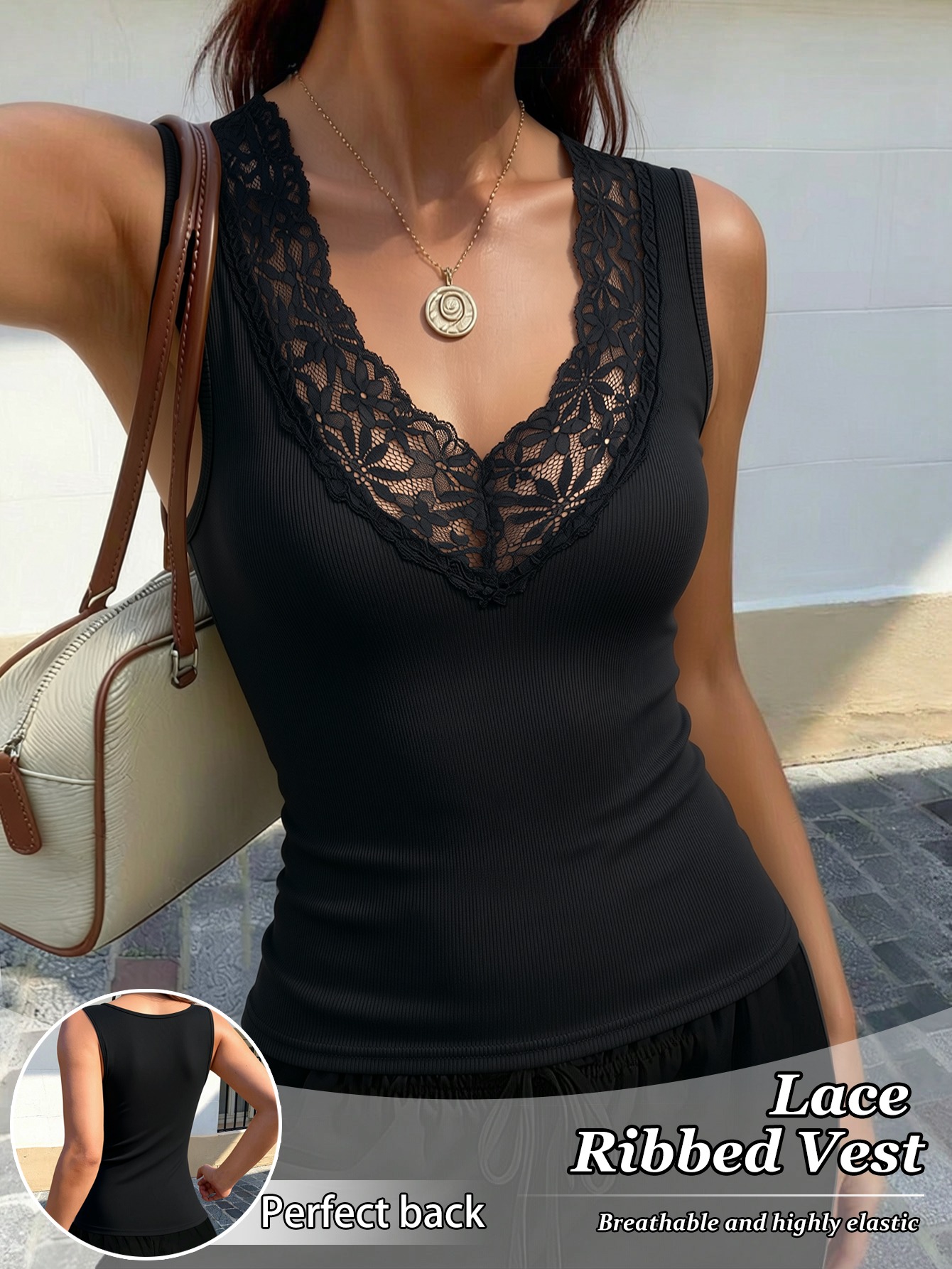 Women Lace V Neck Ribbed Tank  - огляд і ціна Tank Top Ribbed